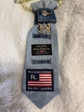 Ralph Lauren Light Blue Denim Tie Necklace with Patches and Gold Horse Pin